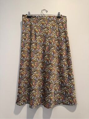LOFT Black A-Line Midi Skirt with Pink, Yellow and White Floral Print